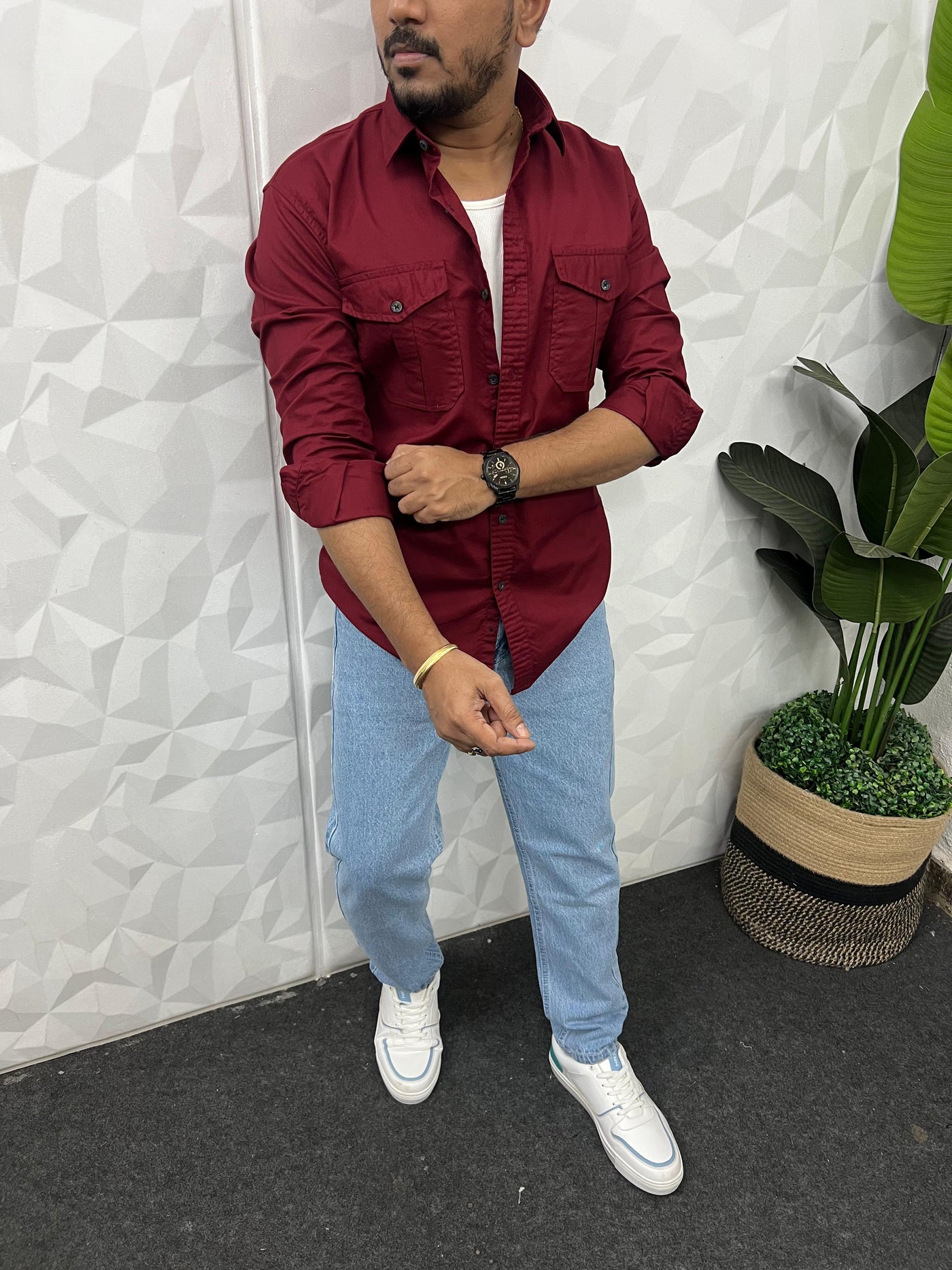 Oxford lycra cargo shirt (Maroon)