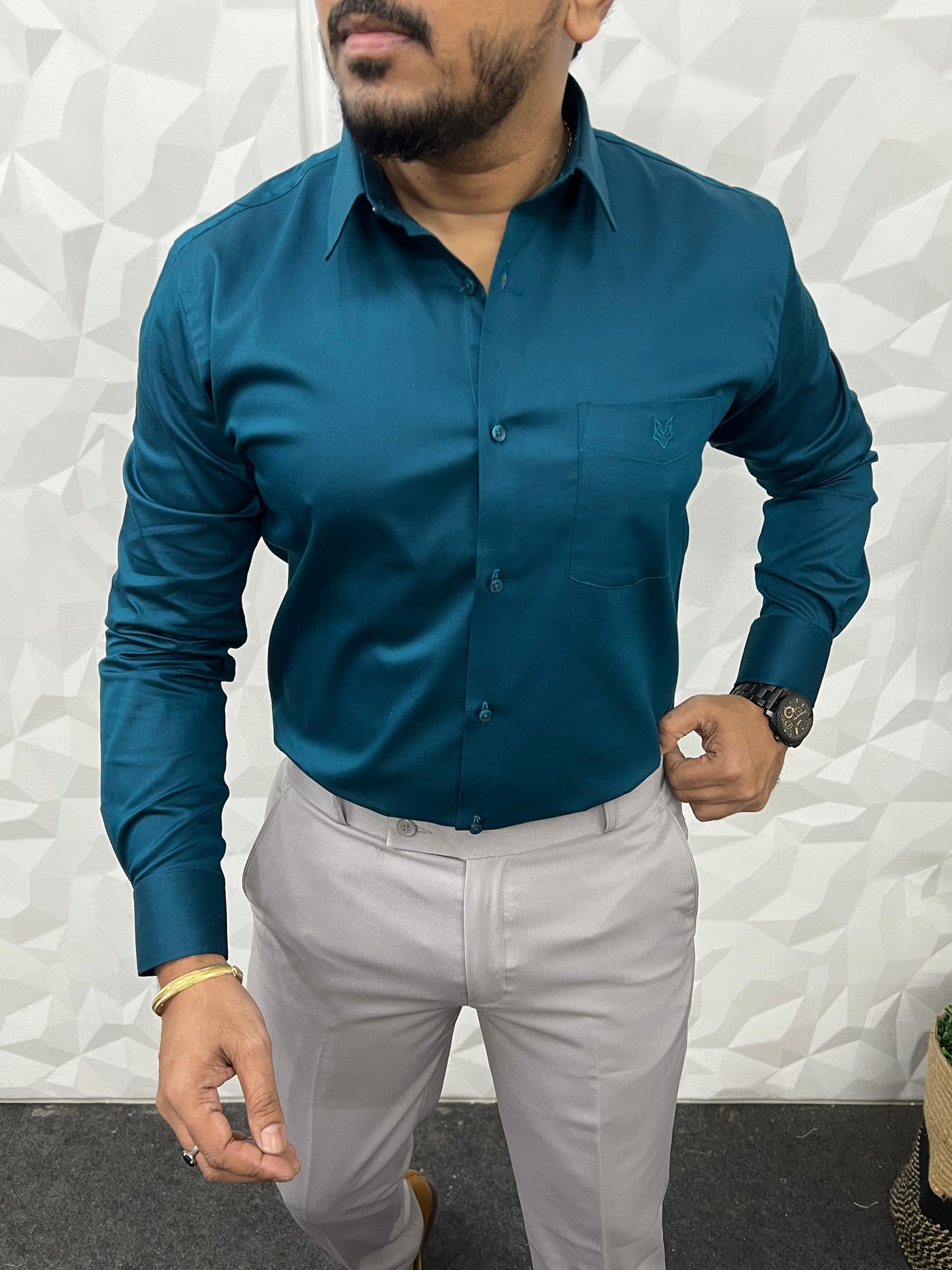 Cotton Lycra Plain Shirt ( Teal blue )