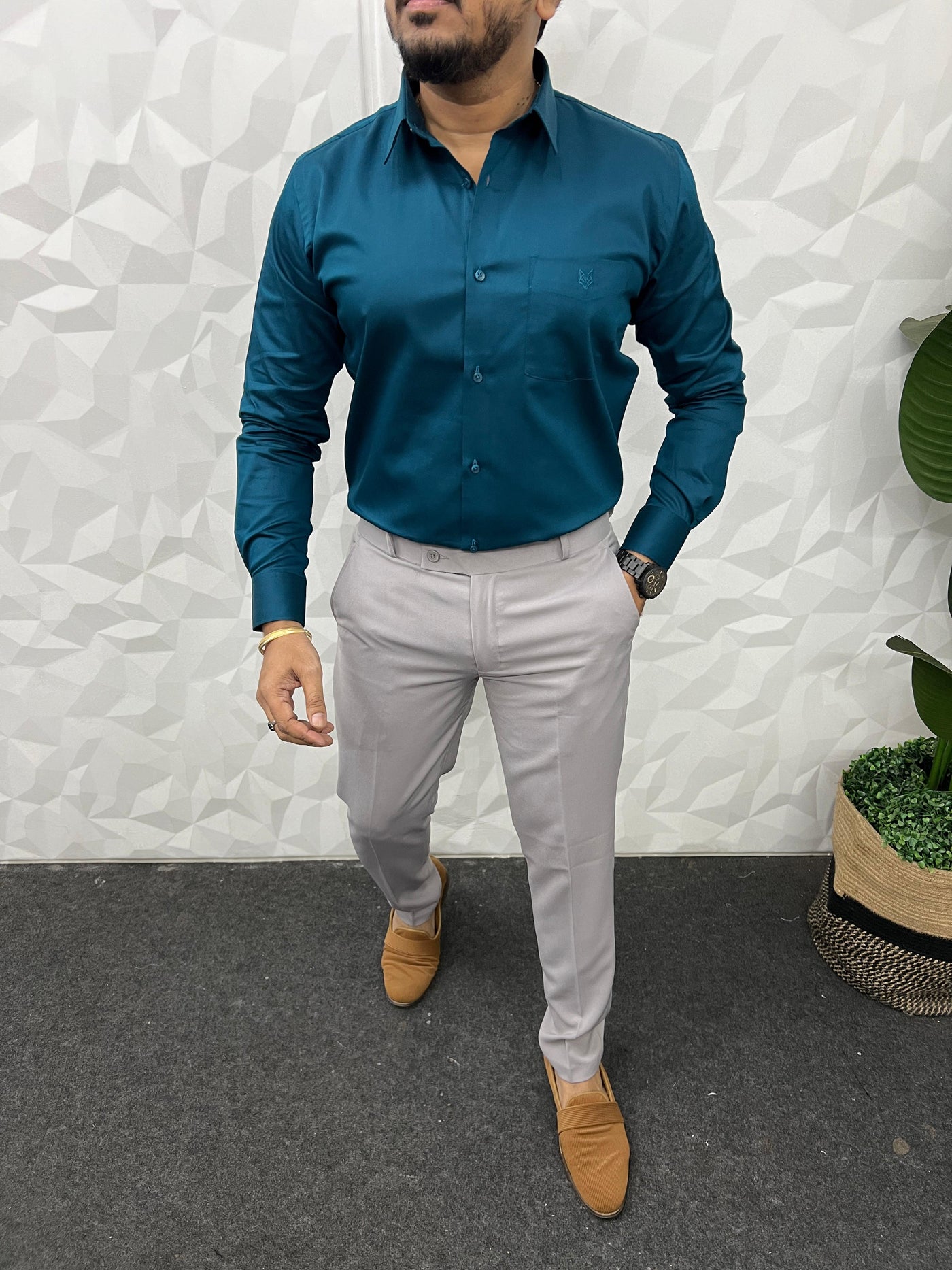 Cotton Lycra Plain Shirt ( Teal blue )